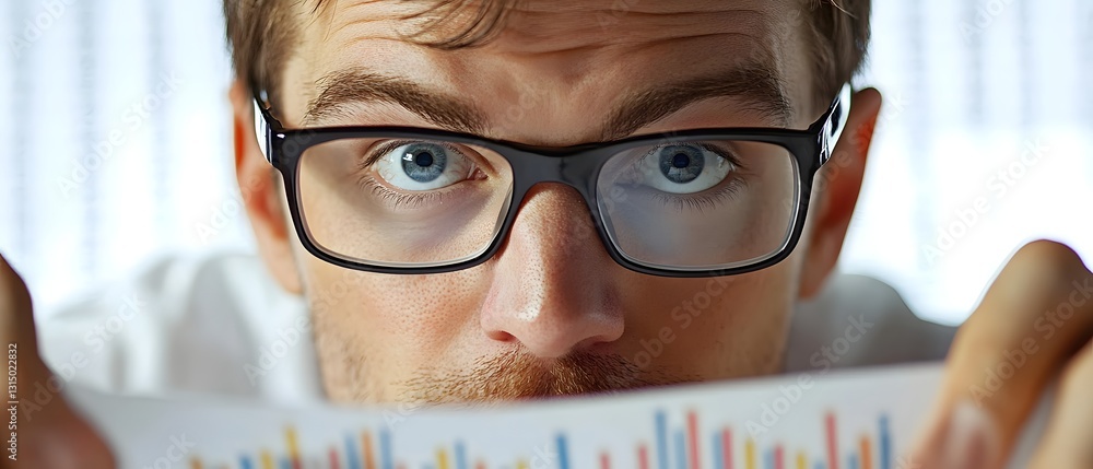 Poster a focused man with glasses analyzing a chart with colorful graphs, showcasing determination and prof