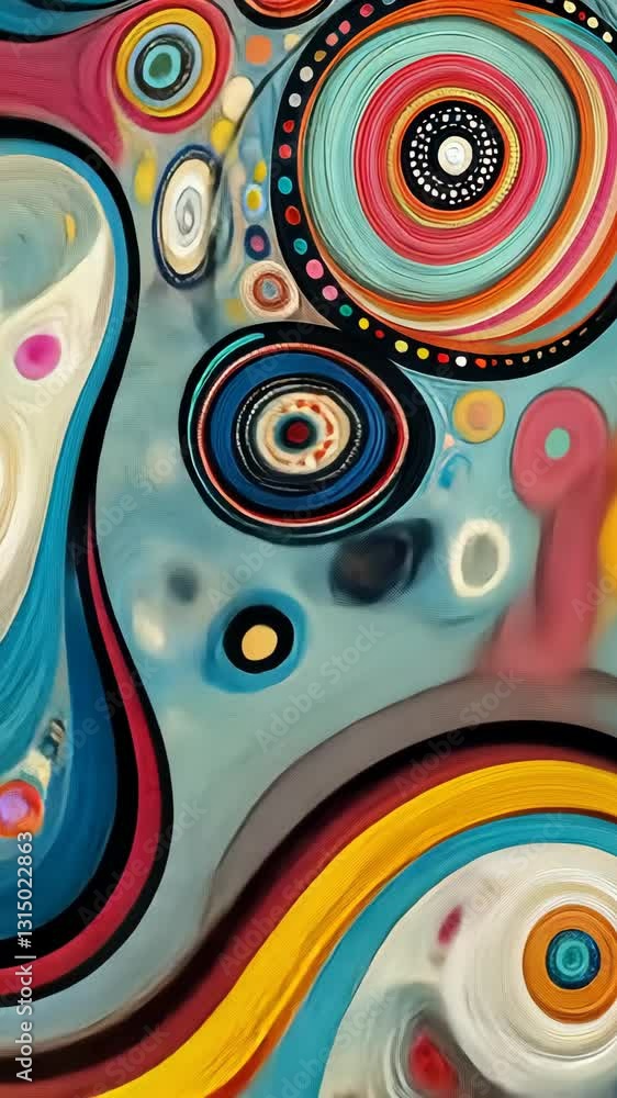 Poster colorful abstract design featuring concentric circles and flowing lines in a vibrant composition
