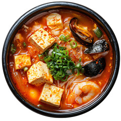 A Bowl of Korean Tofu Stew Spicy Broth with Tofu Isolated on Transparent Background