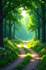 Serene Forest Path A Sunlit Winding Road Through Lush Greenery and Vibrant Wildflowers