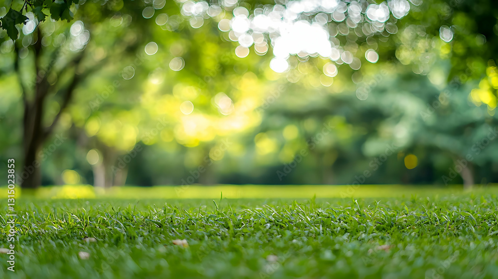 Poster Lush Green Lawn With Trees in Background Park on Sunny Day With Blurred Background and Bokeh