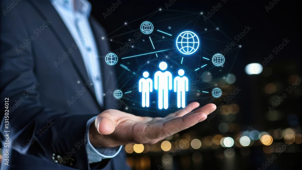 Poster global network connection: a business professional's hand cradles a glowing digital representation o