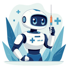 Robot medical worker with a syringe in blue and white colors in flat design, concept of AI in healthcare and medical automation