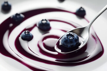 A close-up of fresh blueberries with a swirl of rich blueberry sauce on a white plate, captured with a shiny silver spoon enhancing the vibrant purple hue.
