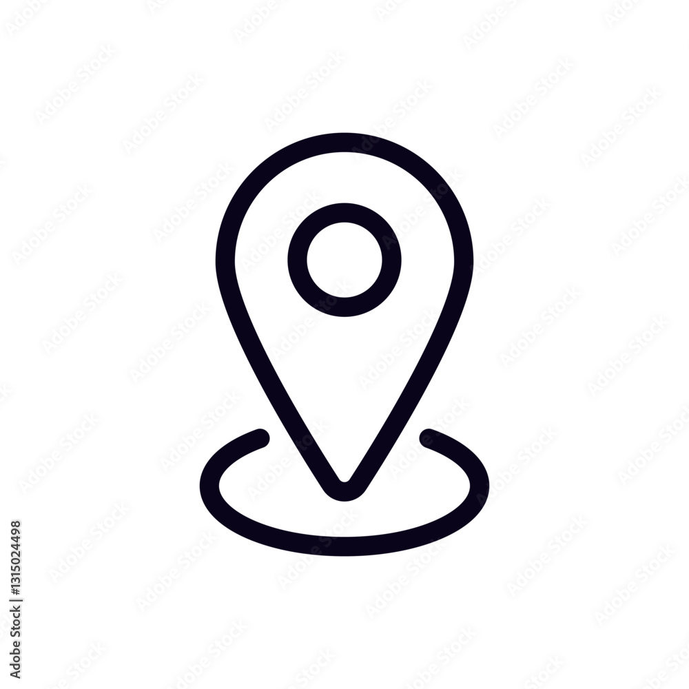Poster a minimalist black and white vector icon featuring a simple pin location marker with a circular base