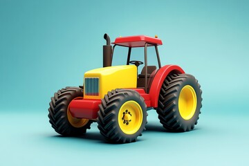 Obraz premium Red and Yellow Farm Tractor Toy on a Blue Background
