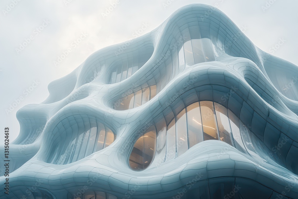Poster unique architecture showcases fluid design with wavy textures on building facade in urban setting