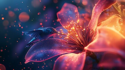 A close-up of a hummingbird feeding on a glowing flower, macro photography style