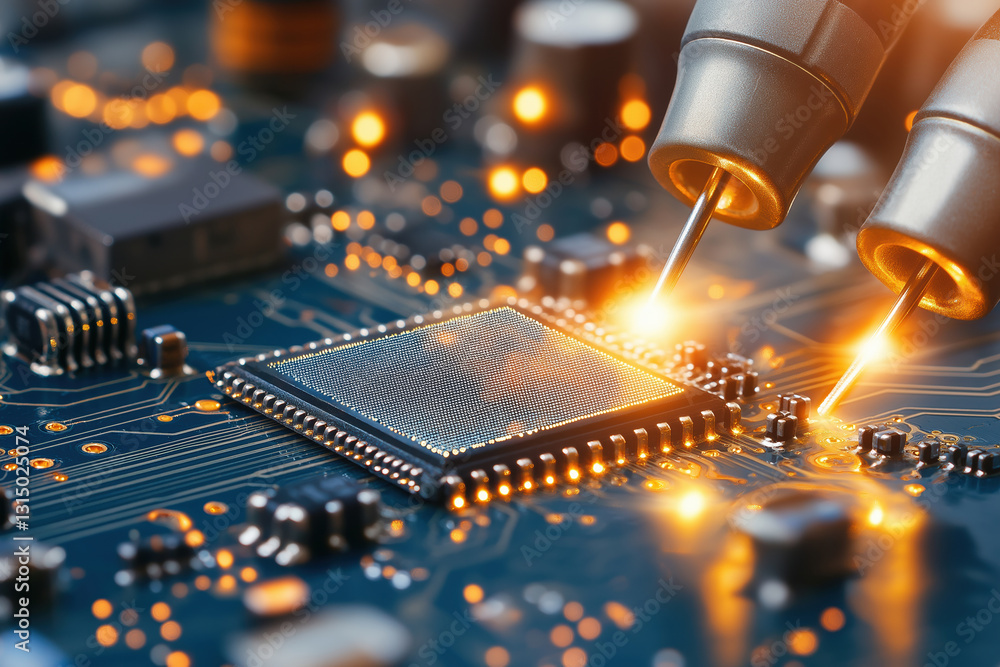 Aufkleber precision soldering of a computer chip on a circuit board in a tech workshop