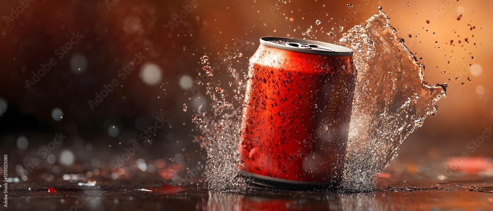 Poster a vibrant image of a soda can splashing in water, capturing the dynamic motion and refreshing nature