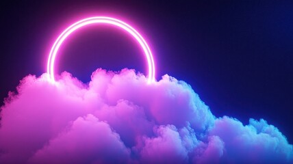 Luminous 3d neon frame ring peeking through wispy clouds, casting ethereal glow across mystical nocturnal sky background, abstract