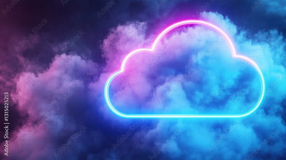 Poster glowing neon cloud computing symbol representing modern technology and data storage solutions in a d