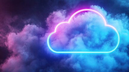 Obraz premium Glowing neon cloud computing symbol representing modern technology and data storage solutions in a dramatic cloudy sky background, abstract