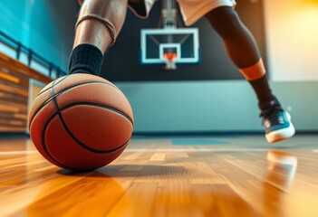 Naklejka premium Close-up of a basketball on a polished hardwood court, a player's leg and shoe in motion, blurred background showcasing a hoop