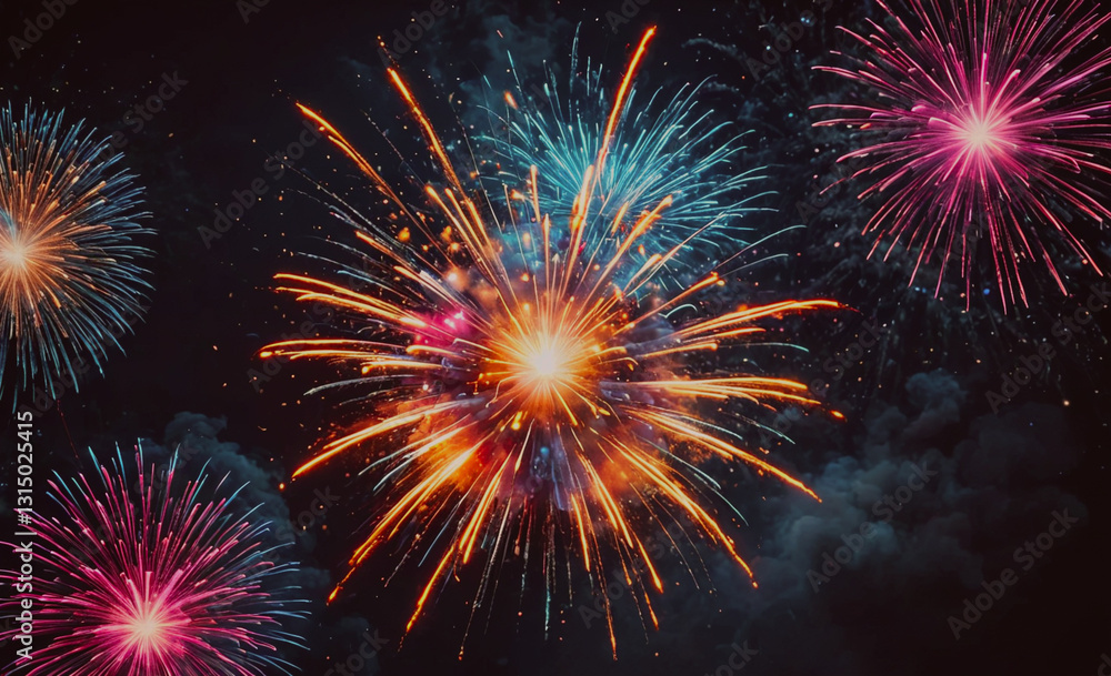 Poster Fireworks display with a large orange firework in the center. The fireworks are in the sky and are colorful