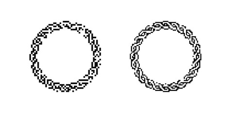 Obraz premium Two circular black pixel art wreaths created with simple geometric patterns shown side by side.