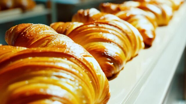 Freshly baked croissants with a golden, flaky crust are neatly arranged in a row. The soft texture and rich buttery layers make them irresistible.