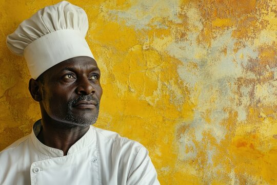 Portrait of a chef looking off into the distance near a wall