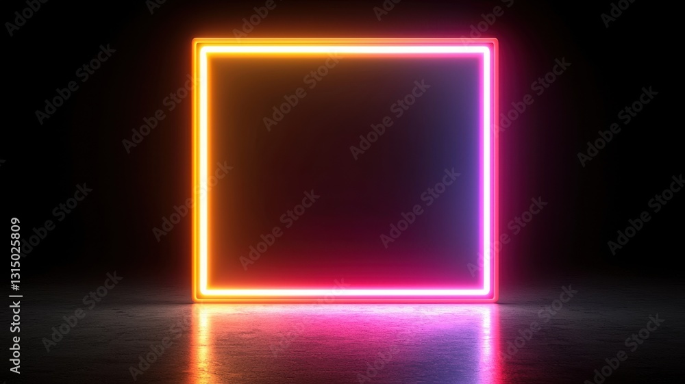 Poster iridescent abstract rectangular frame bordered by pastel orbs resting on reflective surface, present