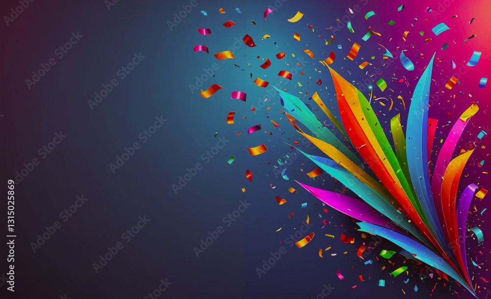 Poster colorful background with a rainbow and confetti. the background is blue and the confetti is in vario