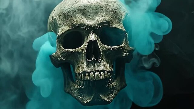 Eerie Skull in Teal Smoke: A Macabre Masterpiece - Powered by Adobe