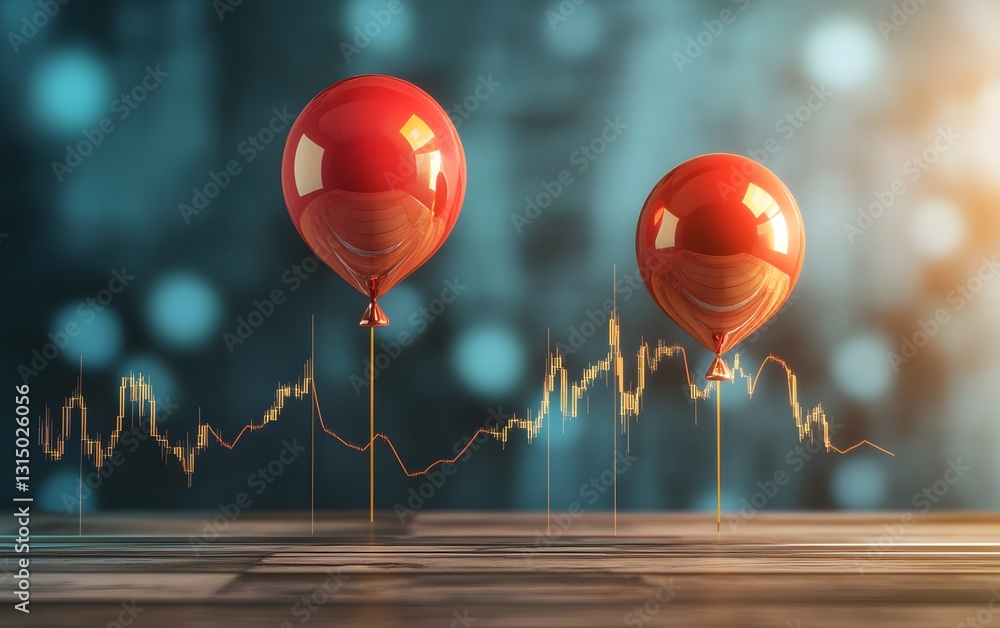 Poster two red balloons stand on a wooden surface, illuminated by soft light. a fluctuating line graph in t