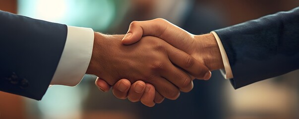 Two business professionals engaging in a firm handshake, symbolizing cooperation, negotiation, and agreement in a corporate environment. The image captures teamwork and trust.