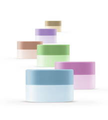 Group of colourful Blank Cosmetic Container for Cream, Powder isolated on White background