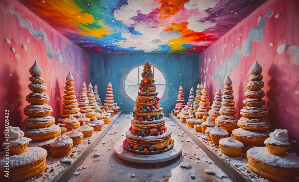 Poster room full of decorated cupcakes and a large cake with a tree on top. the room is decorated with a pi