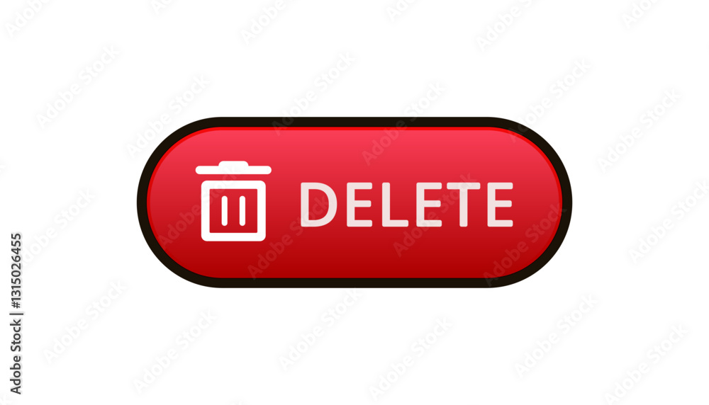Poster a red oval button icon with the word delete and a white trash can symbol in the center.