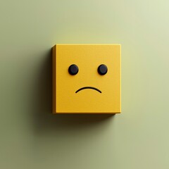 Yellow square with black eyes and mouth expressing sadness on green background, minimalist art concept for emotions