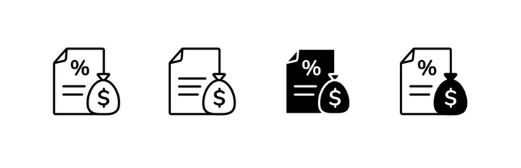 Collection of money and percentage icons depicting documents with dollar signs and percentage symbols.