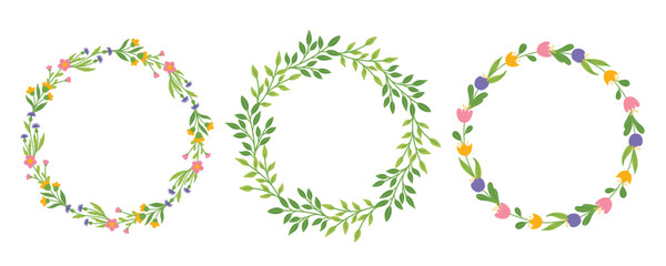 Set of spring wreaths with flowers and twigs