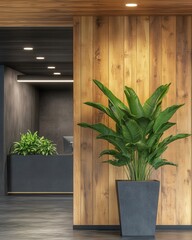 Interior design featuring a vibrant plant against a wooden panel wall in a modern office space showcasing natural light and elegant decor