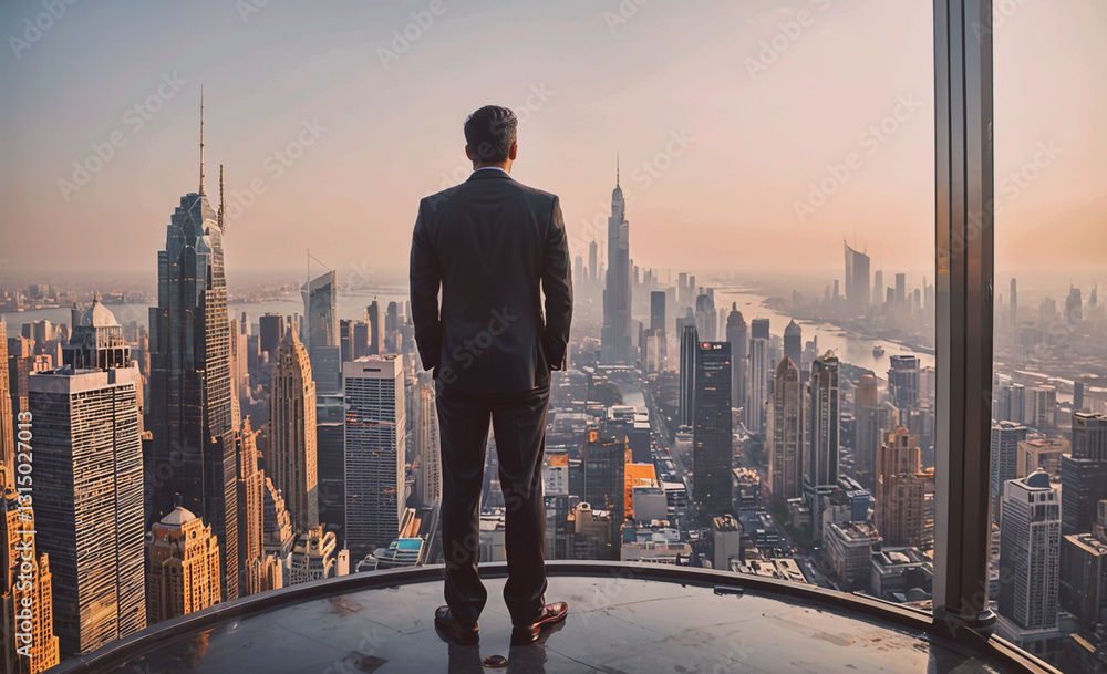 Aufkleber man in a suit stands on a rooftop looking out over a city. the cityscape is filled with tall buildin