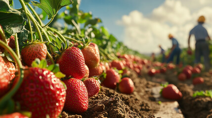 Fresh strawberries in the field under the sun, workers harvesting in the background