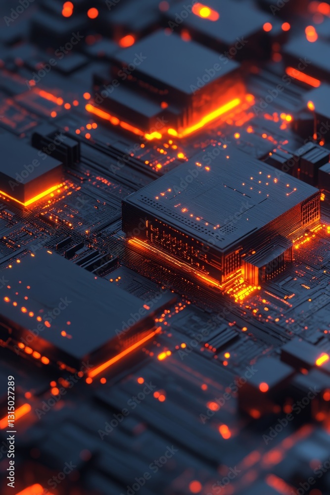 Poster a stunning close-up view of a futuristic circuit board featuring glowing lights. this abstract desig