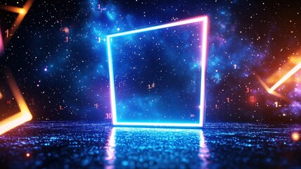 Rectangular abstract 3d frame neon sign glowing with pink and blue light illuminating purple smoke in an empty room with plants background, Copy space for text