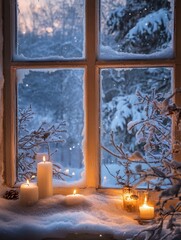 Window display illuminated by several candles in winter