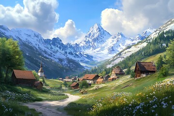 A serene mountain village surrounded by lush greenery and snow-capped peaks.