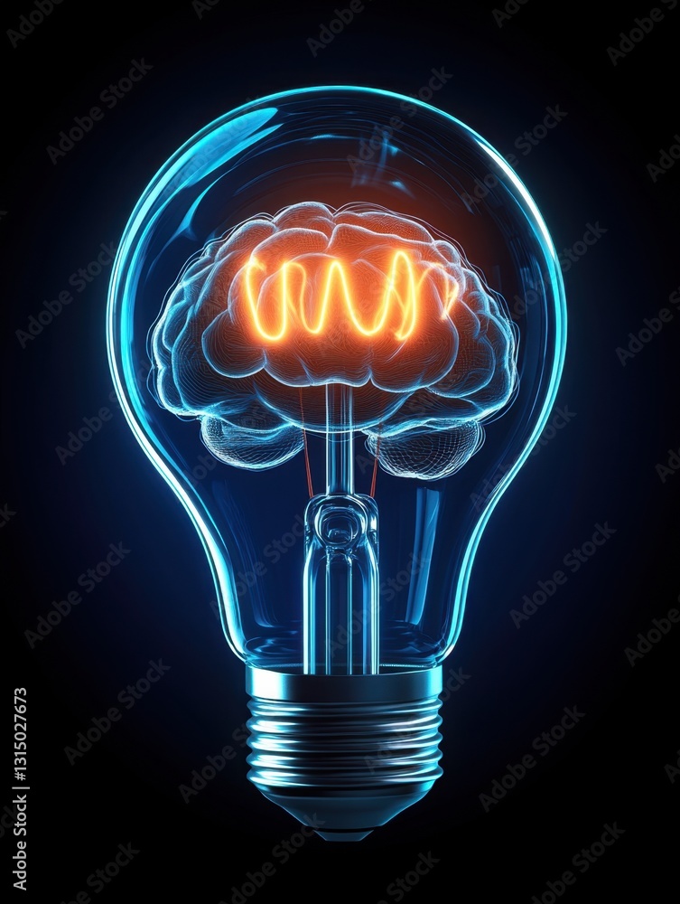 Poster creative lightbulb with glowing brain inside on dark backdrop symbolizing innovation and mental proc