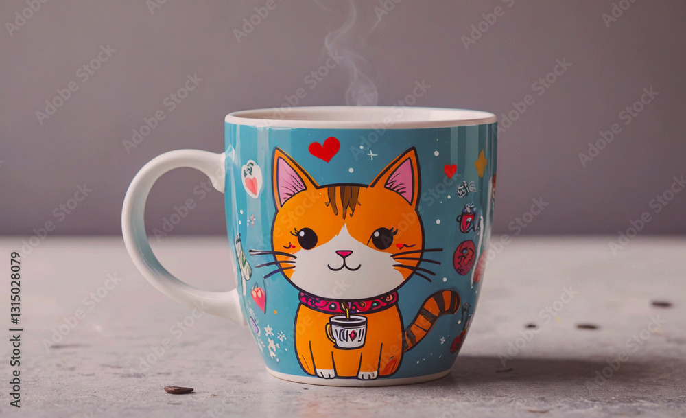 Aufkleber Cat mug with a cat on it and a heart on the side. The cat is smiling and the heart is red