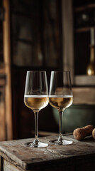 Two champagne glasses in a sleek, modern minimalist setting, glass of wine on wooden table. 