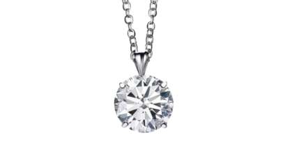 Shiny diamond pendant hanging on a silver chain on transparent background