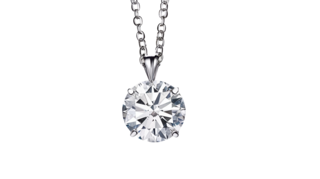 Shiny diamond pendant hanging on a silver chain on transparent background
