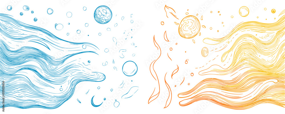 Poster linear icons set of blue and orange flowing waves and bubbles vector in flat style.