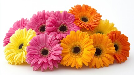Fototapeta premium Vibrant gerbera daisy arrangement in pink yellow and orange on white backdrop capturing spring freshness and floral beauty for stock photography