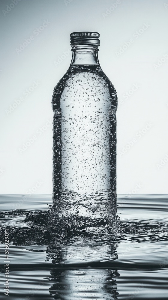 Poster refreshing mineral water bottle splashing in clear liquid with bubbles and reflections on a light ba