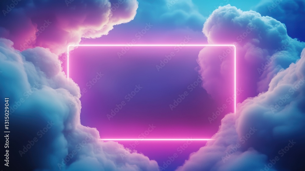 Poster vibrant neon 3d frame rectangle glowing in a dreamy sky with fluffy clouds, creating a surreal and f