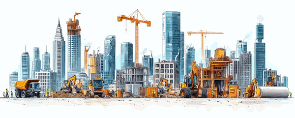Construction site vector icons set in flat style featuring urban skyscrapers and machinery.